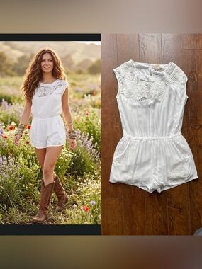 Vintage 2000s Beaded Mesh Romper. Stretch Waist. Pockets. White.